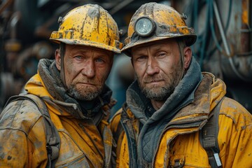 Obraz premium Two older miners in yellow gear, with dirt and sweat on their faces, stand side by side, representing experience and resilience in tough working conditions.