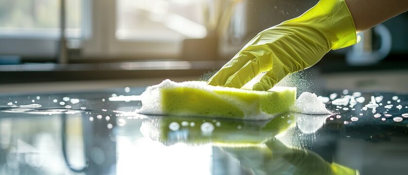 Cleaning a Kitchen Counter With a Sponge