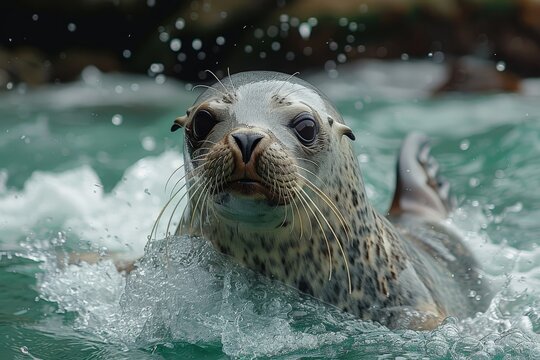 A detailed and close-up image of a seal swimming in the water, showcasing its expressive eyes, whiskers, and wet fur as it emerges from the cool, green water.
