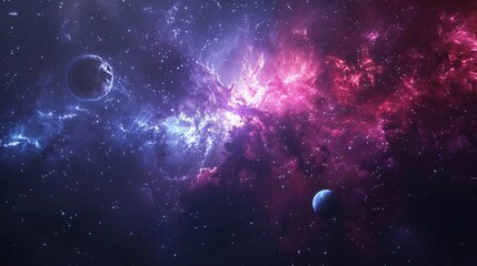 Beautiful galaxy and nebula in the night sky. Starry background perfect for astronomy and science enthusiasts. Glowing cosmic light and planets create an abstract and mystical