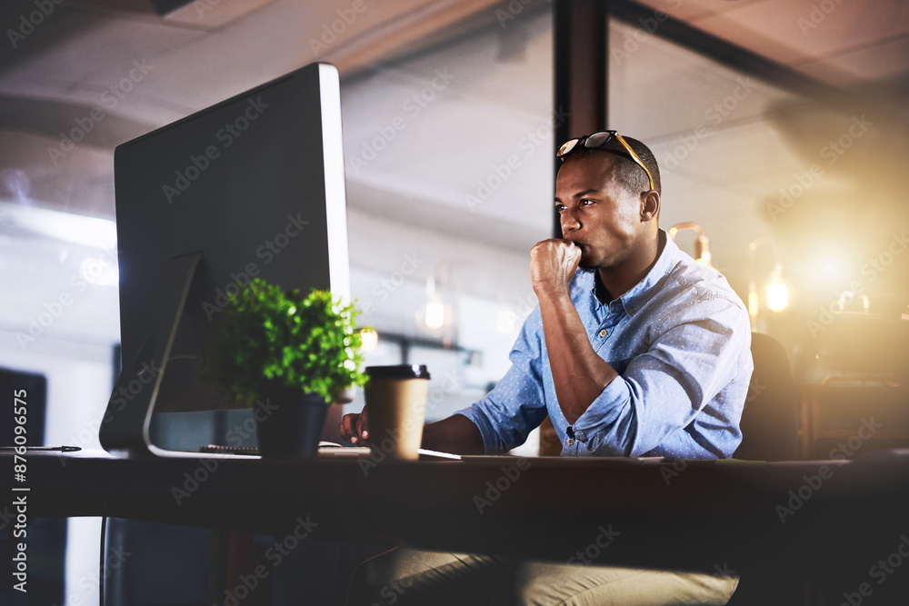 Poster Thinking, computer and business black man in office for website, research and reading news at night. Startup, developer and worker online for software update, networking and working on web design