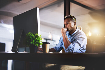Thinking, computer and business black man in office for website, research and reading news at...