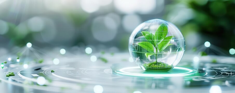 Sustainable software, holographic energy efficiency, futuristic green tech lab, eco-friendly innovation