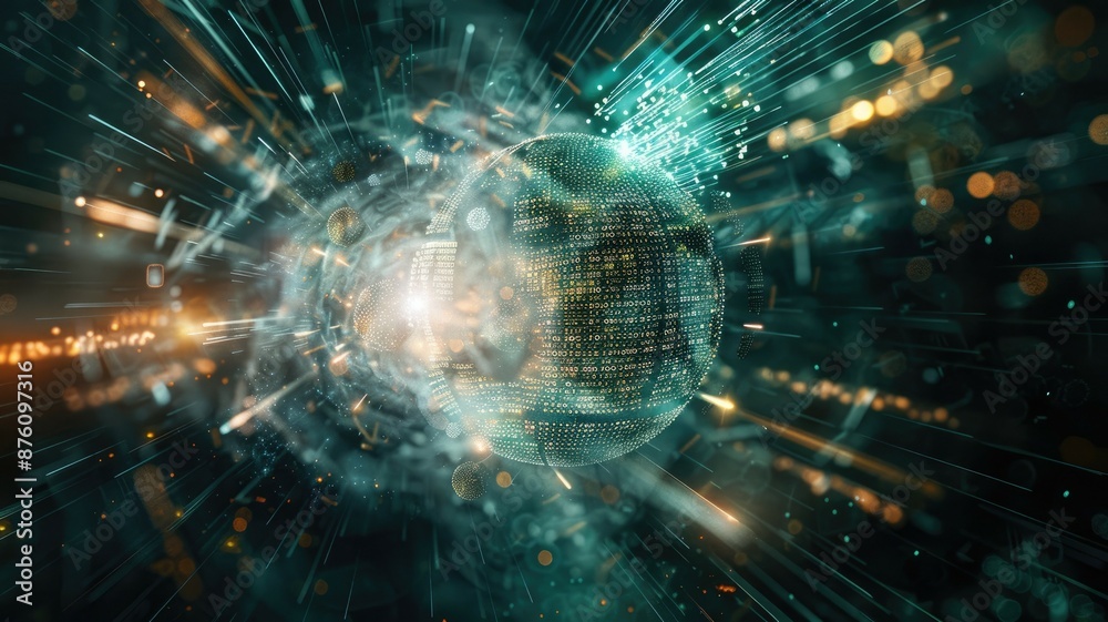 Poster a hightech digital sphere symbolizing the future of quantum computing and data visualization in cybe