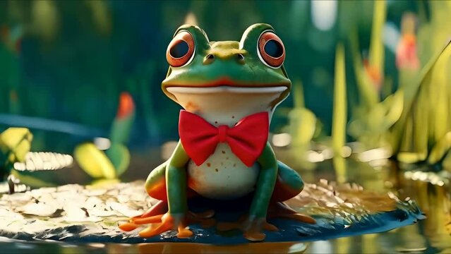 The cartoon frog sits on a lily pad, its red bowtie now adorned with mud as it happily gazes at the muddy puddle it just jumped over