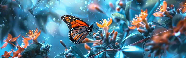 Monarch orange butterfly and bright summer flowers on a background of blue foliage in a fairy garden. Macro artistic image.