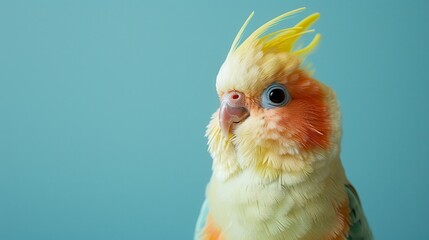Obraz premium A happy Cockatiel puppy sitting on a solid mint blue background with space above for text, illustration background