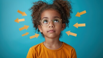 Thoughtful Child with Glasses and Curly Hair Against Blue Background with Yellow Arrows Pointing Inward
