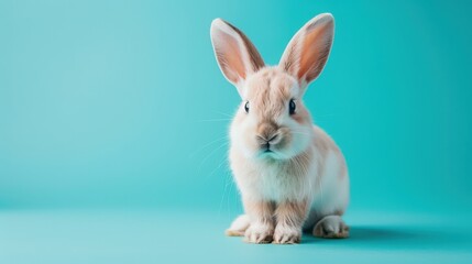 Obraz premium A happy Bunny puppy sitting on a solid mint blue background with space above for text, illustration background