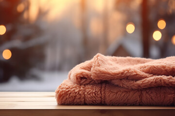 a calm fall scene, blanket, candle light, cozy athmosthere, space for text