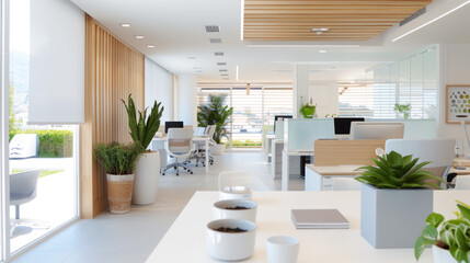 Fototapeta premium Potted plant at modern office with blue shade for comfortable work