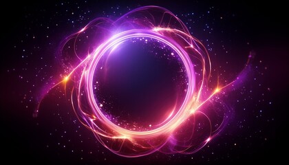 Obraz premium Abstract neon energy sphere of particles and waves of magical glowing on a dark background, circle and loop frames with magic purple and pink flame and sparks isolated