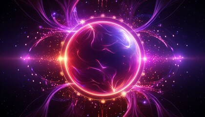 Fototapeta premium Abstract neon energy sphere of particles and waves of magical glowing on a dark background, circle and loop frames with magic purple and pink flame and sparks isolated