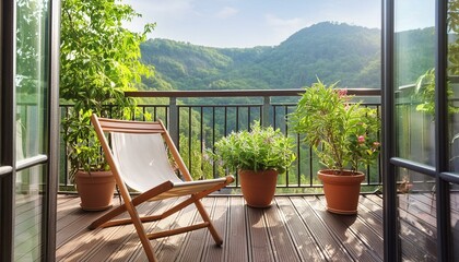 Fototapeta premium Beautiful balcony or terrace with wooden floor, chair and green potted flowers plants. Cozy relaxing area at home , generative ai 