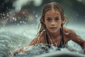 Obraz premium A young girl, determined and focused, engages in surfing, with a scenic water background, capturing the essence of youth and perseverance amid splashing waves.