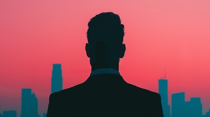 Urban skyline silhouette overlaid with a double exposure of a mature businessman, capturing experience and metropolitan energy. Clean and Clear Color, Realistic Photo, , Minimalism,