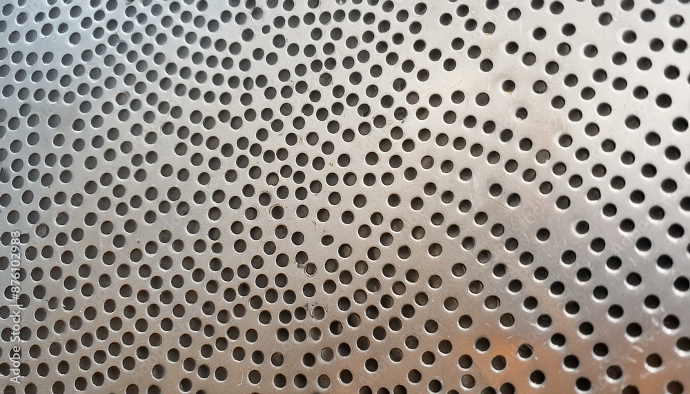 Sticker close-up of a metal surface with circular perforations creating a geometric pattern, suitable for in