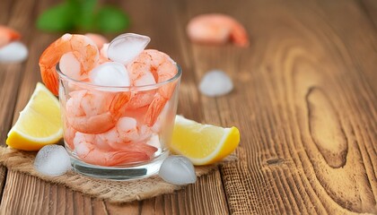 close up shrimp ice and lemon. Selective focus 