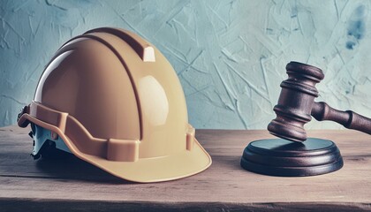 Construction Safety Helmet and Gavel on Wooden Table 