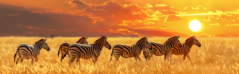 Zebras in the African savanna against the backdrop of beautiful sunset. Serengeti National Park. Tanzania. Africa