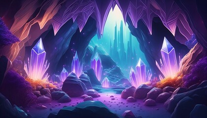Fototapeta premium Enchanted crystal cave with glowing formations and mystical lights in a fantasy setting. Perfect for magical and fantasy-themed projects. 