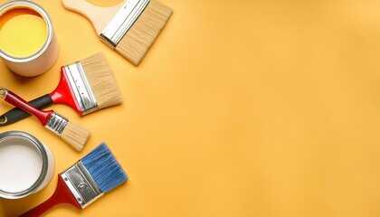 Flat lay composition with paint cans, decorator tools and space for text on color background 