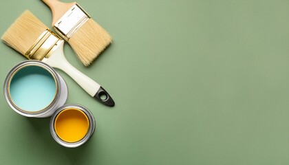 Flat lay composition with paint cans, decorator tools and space for text on color background 