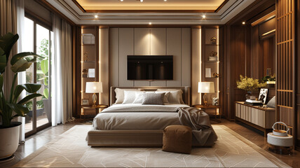 3d rendering luxury modern bedroom suite tv with wardrobe