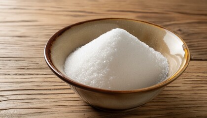 Granulated sugar in bowl on wooden table 