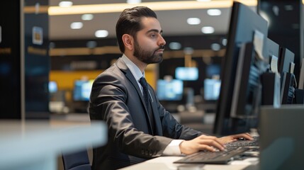 Bank employee works at the counter in a bank branch, serving clients and providing necessary financial services