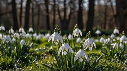 Blooming Snowdrops in Spring Forest