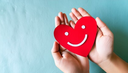 Fototapeta premium hands holding smile paper red heart, health care, donate and family insurance concept, world heart day, world health day, CSR responsibility, Valentine's day