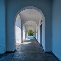 Minimalistic white architecture with arched hallway and light reflections for a calm and serene atmosphere. Ideal for modern background use. 