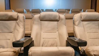 Modern cinema theater with empty seats, illuminated by blue lights, showcasing a comfortable and cinematic experience. 