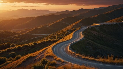 Sunset Over Winding Mountain Road