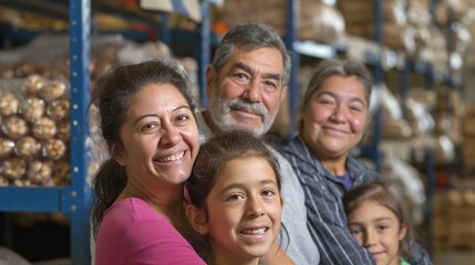 Family at a food bank, emphasizing the growing reliance on charitable organizations to meet basic needs during tough times