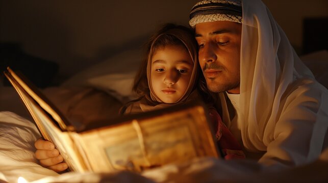 Father and daughter read a bedtime story together, the girl snuggled close The storybook features tales from Islamic tradition, fostering a love of reading and cultural heritage - Powered by Adobe