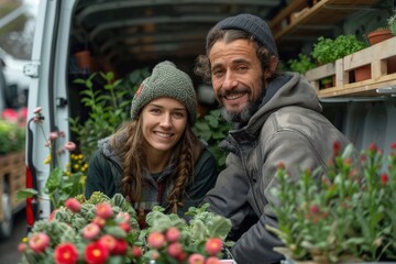 Obraz premium Two smiling individuals, warmly dressed, posing inside a van lined with plants and flowers, radiating warmth and rustic charm amid a nature-filled setting.
