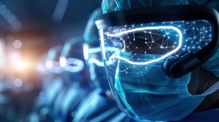 Futuristic surgical team wearing augmented reality AR glasses and medical gear in a high-tech operating room, blending technology and healthcare.