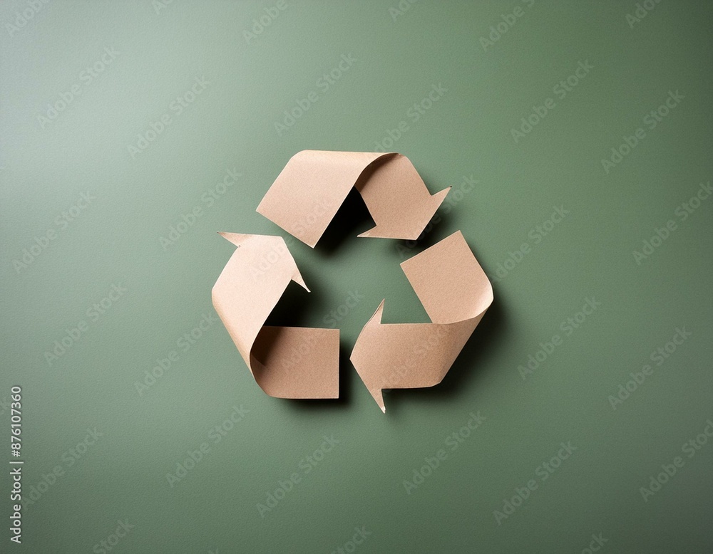 Canvas Prints recycling symbol cut out of kraft paper on green background, top view. space for text