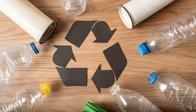 Recycling symbol and different garbage on wooden background, top view  - Powered by Adobe