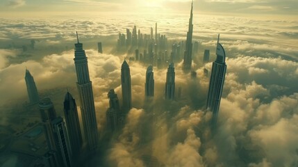 Dubai Skyline Piercing Through Clouds