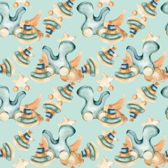 Watercolor wooden toys kid's pattern with green dino, wooden pyramid and moon seamless background on pastel green. Children boho style pattern for textile, wallpaper, fabric design. Baby room design