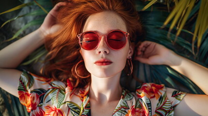 A young woman with long, red hair lies on her back with her eyes closed, wearing a floral shirt and sunglasses. She is surrounded by lush greenery, likely in a tropical setting