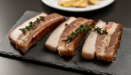 Sliced grilled pork belly with crispy skin, garnished with herbs and spices, served on a dark stone slab for a gourmet culinary presentation. 