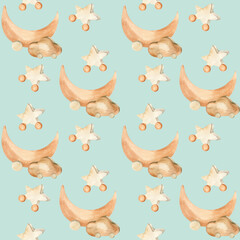 Watercolor wooden moon, cloud and star on wheels seamless kid's pattern on pastel green mint. Hand drawn children style background, eco boho pLaying toys for textile, fabric design. Wallpaper, room