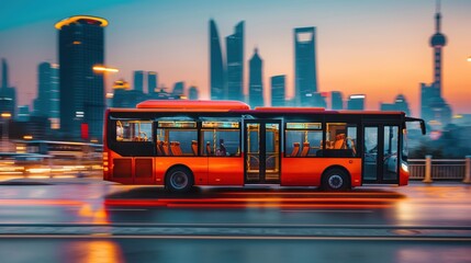 Modern electric bus driving through the city, showcasing the eco-friendly shift towards sustainable public transportation