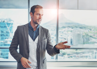 Businessman, motivational speech or leader in presentation for inspiration, confidence and value in office. Empower, teaching skills or speaker talking to improve productivity performance in seminar