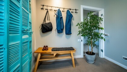 Stylish hallway interior with shoe storage bench, hanger stand and table 