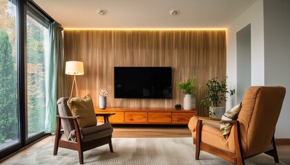 Stylish room interior with modern TV, armchair and decor 